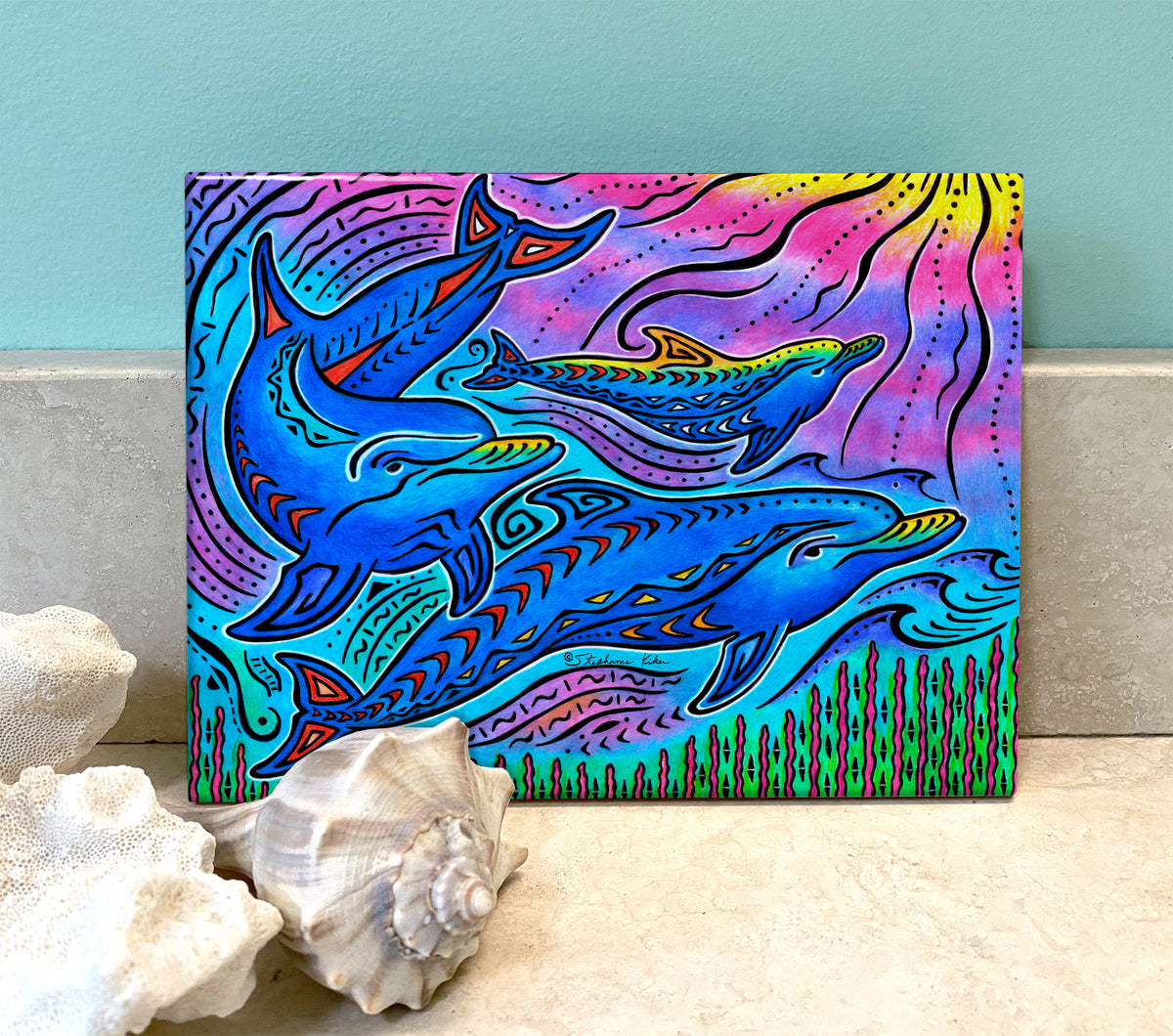 絵画 flk023752 3 Dolphins Ceramic Tile Wall Art and Backsplash Tiles by Outer