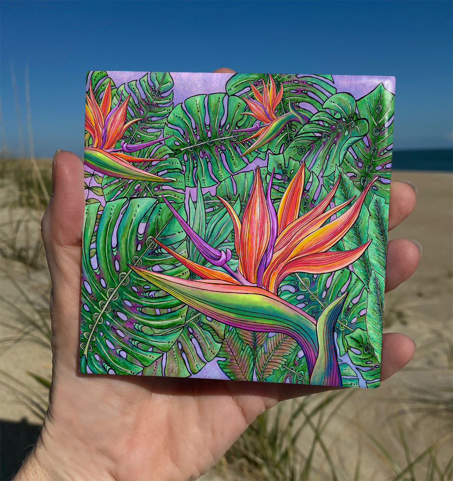Bird of Paradise with Monstera Ceramic Tile