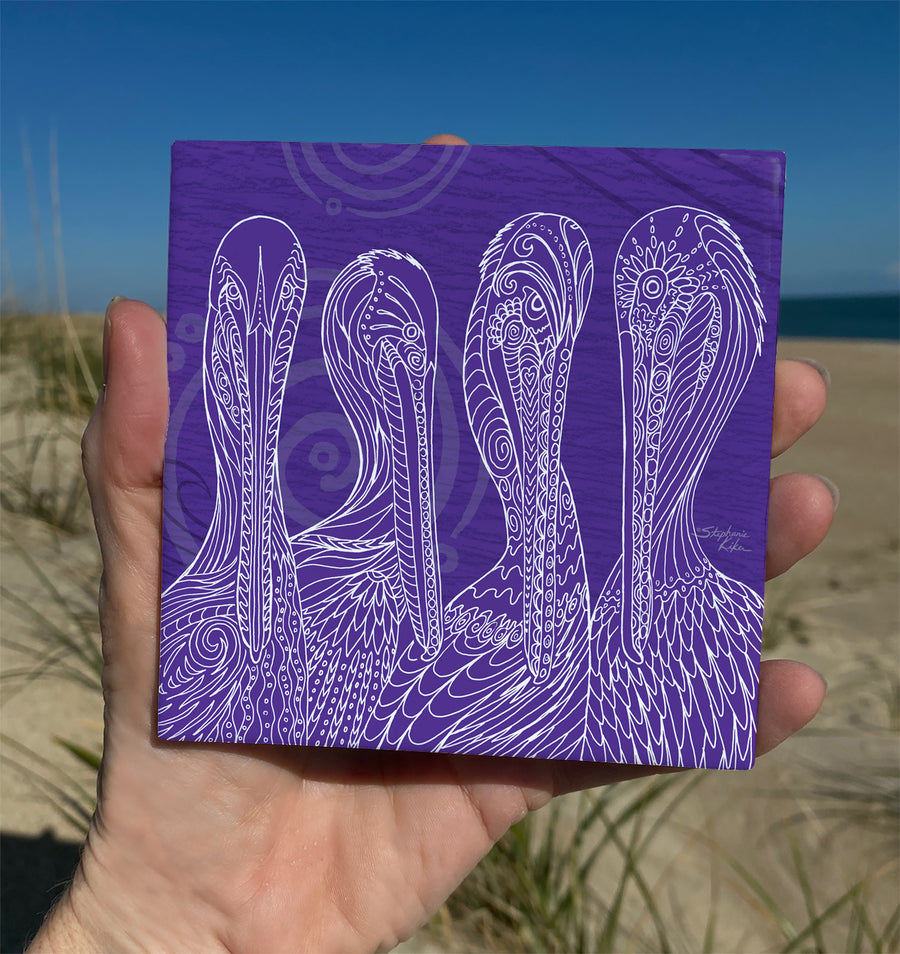Purple Pelican Party Ceramic Tile