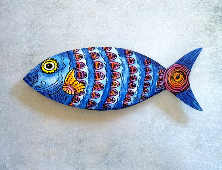 Blue Spiral Fish Wood Wall Art