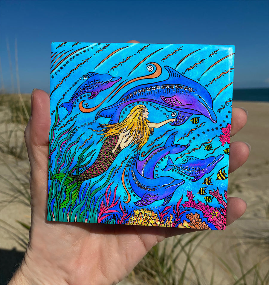 Swimming with Dolphins Ceramic Tile